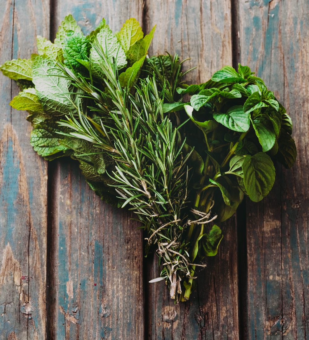 Fresh herbs. Melissa, rosemary and mint in rustic setting